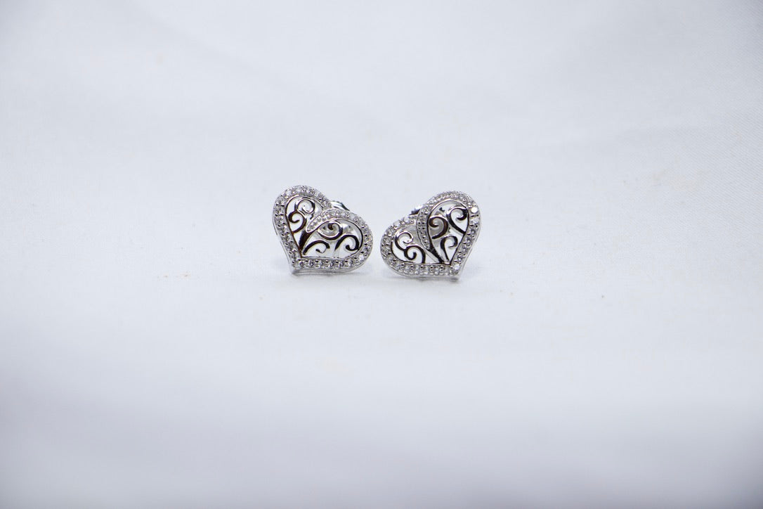 Heart Stud Earrings with Cubic Zirconia, Romantic Jewelry for Women, front view.