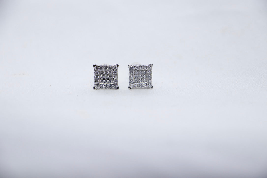 Bling Square Stud Earrings with Diamonds, Fine Jewelry for Women, front view.