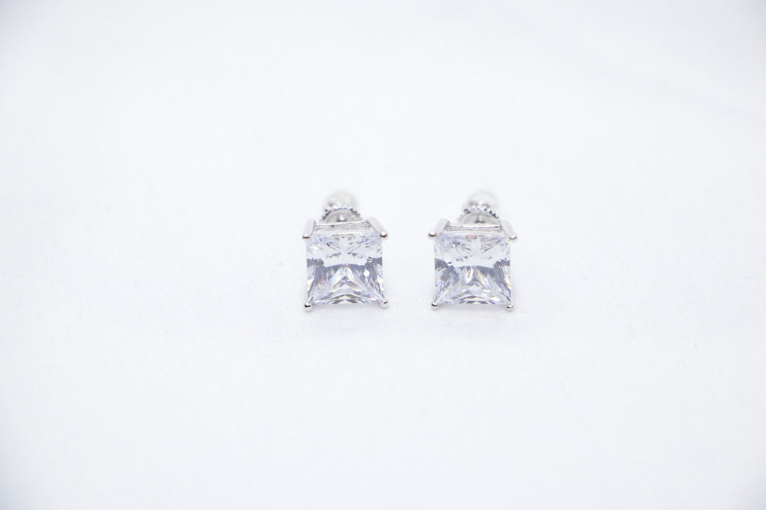 An Eternal Radiance Princess Cut Studs featuring princess-cut cubic zirconia stones set in sterling silver, front view.