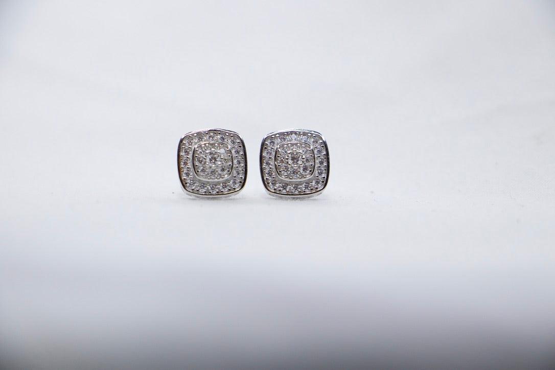Sterling Silver Stud Earrings with Cubic Zirconia Halo - Bridal Jewelry for Women front view.
