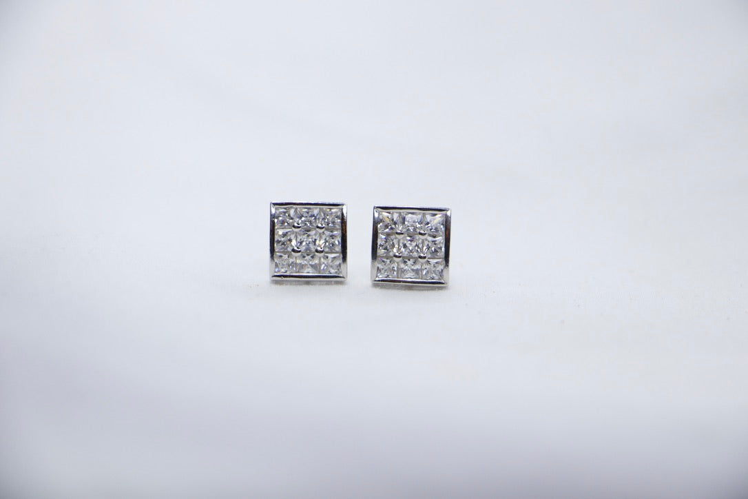 Princess Cut Diamond Stud Earrings in Sterling Silver, Classic Square Halo Earrings front view.