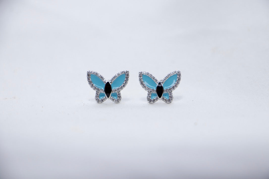 Celestial Blue Butterfly Stud Earrings with Cubic Zirconia - fine Jewelry for Women front view.