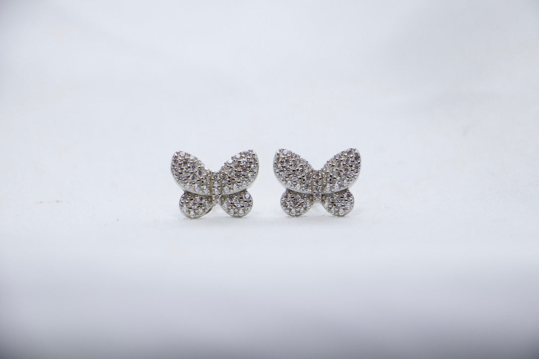 Sparkling Butterfly Stud Earrings in Sterling Silver with Clear Crystals - front view Jewelry.