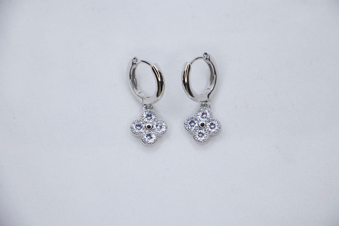 Clover Hoop Earrings with Cubic Zirconia and Good Luck Charm Jewelry for Women, front view.