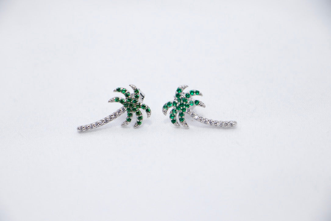 Palm Tree Stud Earrings with green Cubic Zirconia Tropical Summer Jewelry front view.
