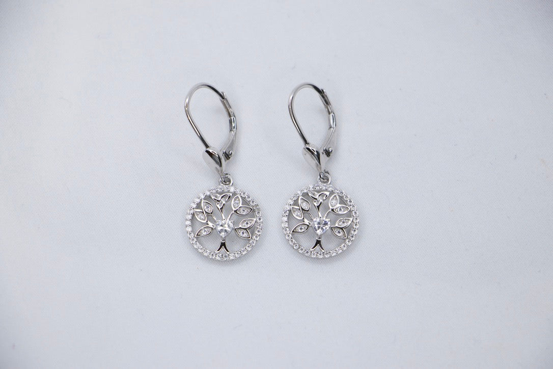 Tree of Life Drop Earrings with Cubic Zirconia with Sterling Silver Design Jewelry for Women front view.