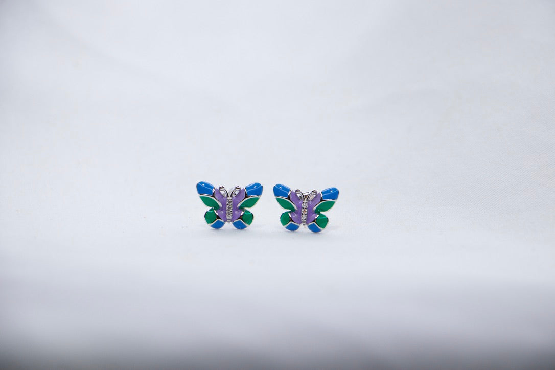 Colorful Butterfly Stud Earrings in Sterling Silver with Blue, Green, and Purple Enamel front view.