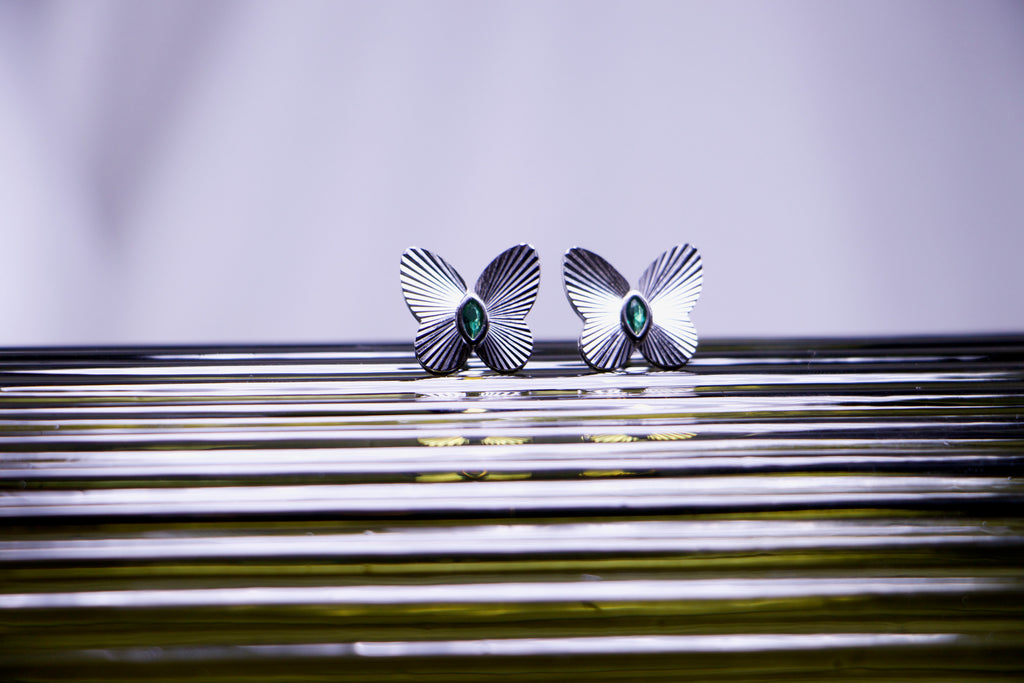 Emerald Accented Butterfly Stud Earrings