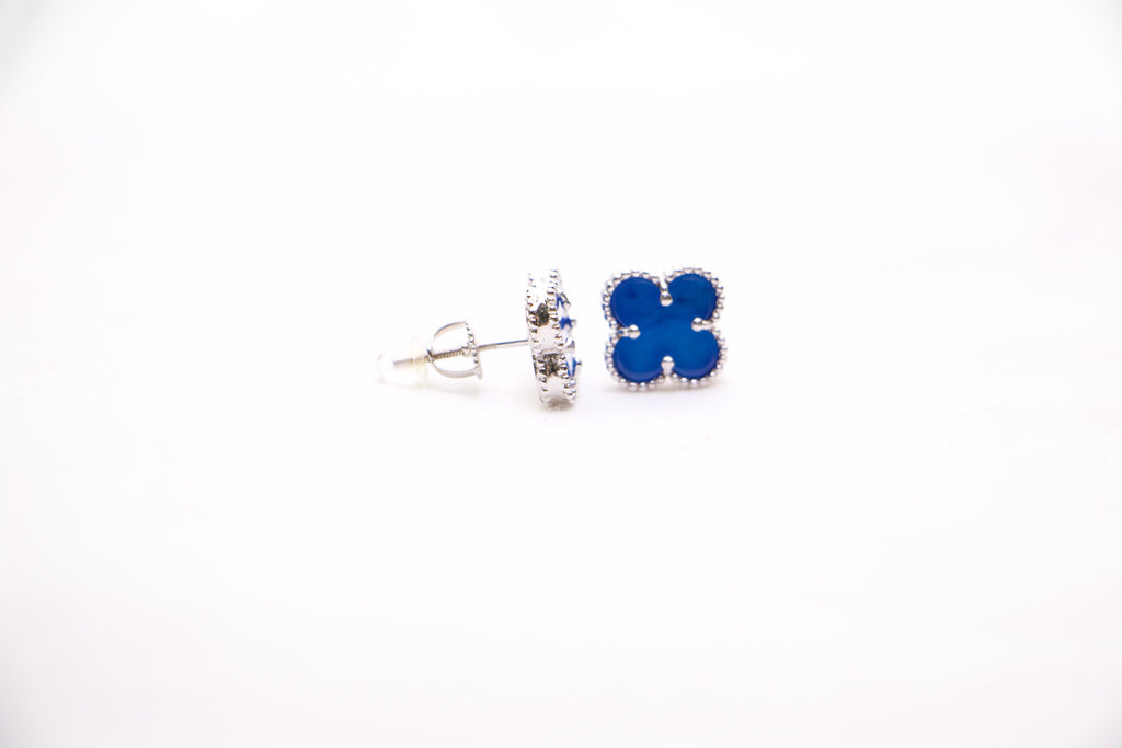 Sterling silver clover earrings with emerald blue enamel, hypoallergenic luxury studs for women.