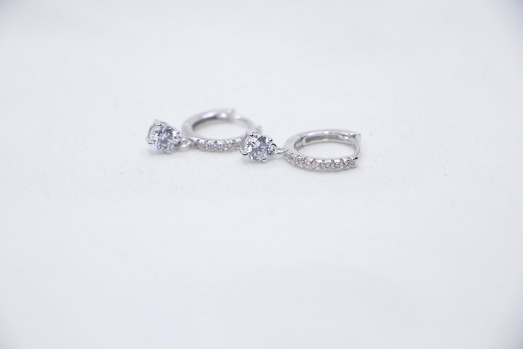 Silver Hoop Earrings with Dangle and Cubic Zirconia - Modern Minimalist Jewelry for Women side view.