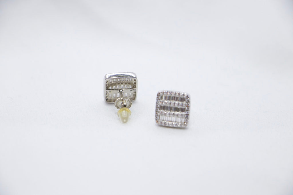 Baguette Diamond Stud Earrings with Luxury Square Cut cubic zirconia Jewelry for Women, back view. 