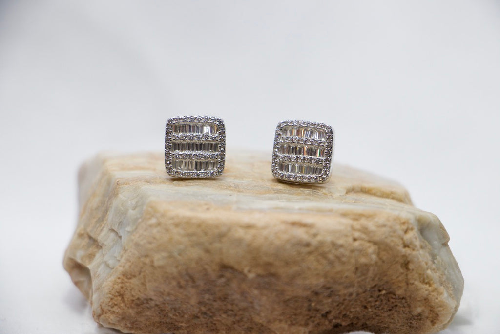 Baguette Diamond Stud Earrings with Luxury Square Cut cubic zirconia Jewelry for Women, front rock view.