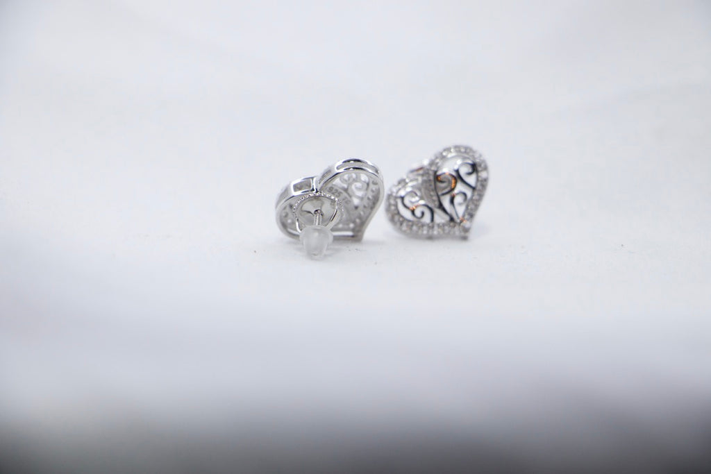 Heart Stud Earrings with Cubic Zirconia, Romantic Jewelry for Women, back view.