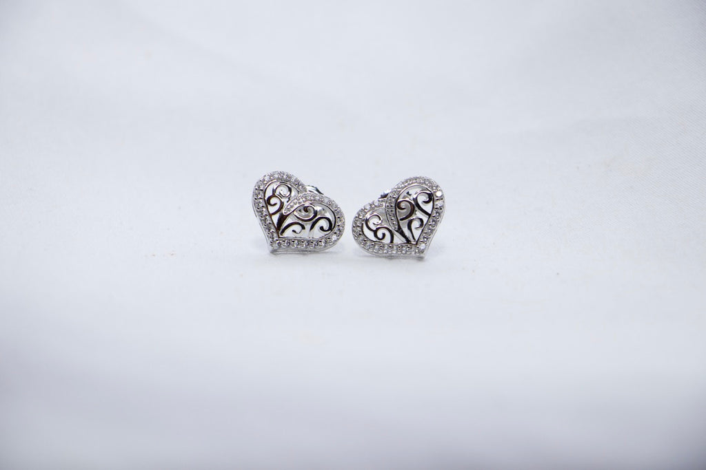Heart Stud Earrings with Cubic Zirconia, Romantic Jewelry for Women, front view.