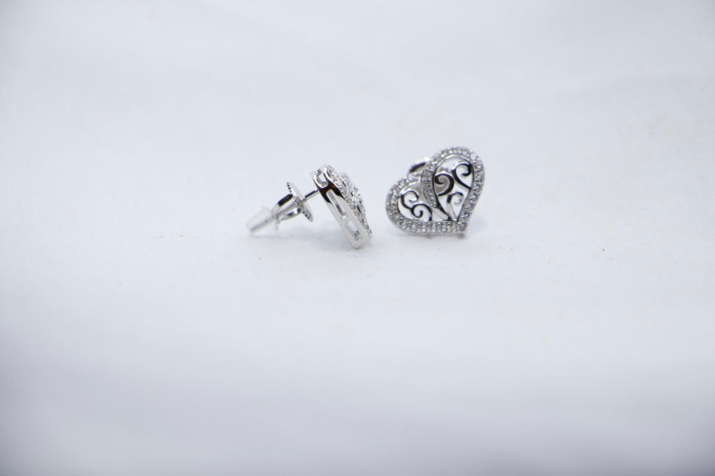Heart Stud Earrings with Cubic Zirconia, Romantic Jewelry for Women, side view.