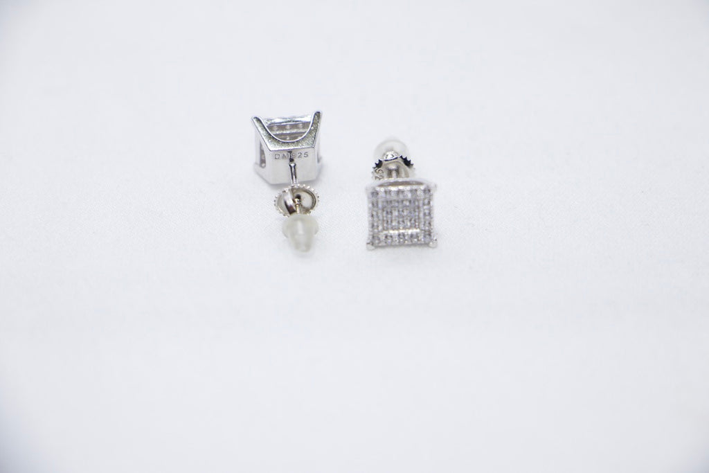 Bling Square Stud Earrings with Diamonds, Fine Jewelry for Women, back view.