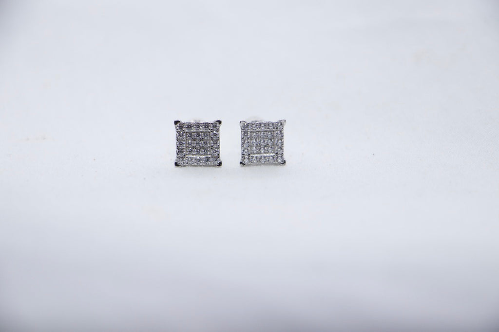 Bling Square Stud Earrings with Diamonds, Fine Jewelry for Women, front view.