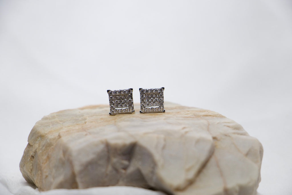 Bling Square Stud Earrings with Diamonds, Fine Jewelry for Women, rock view.