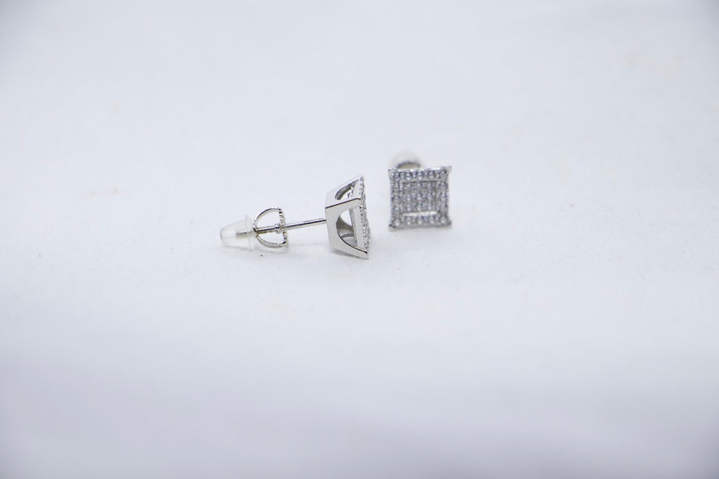 Bling Square Stud Earrings with Diamonds, Fine Jewelry for Women, side view.