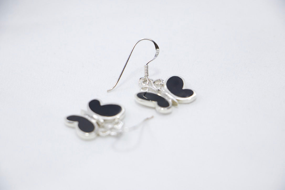 Black Butterfly Dangle Earrings in Sterling Silver for Women, Gift for Her top side view. 
