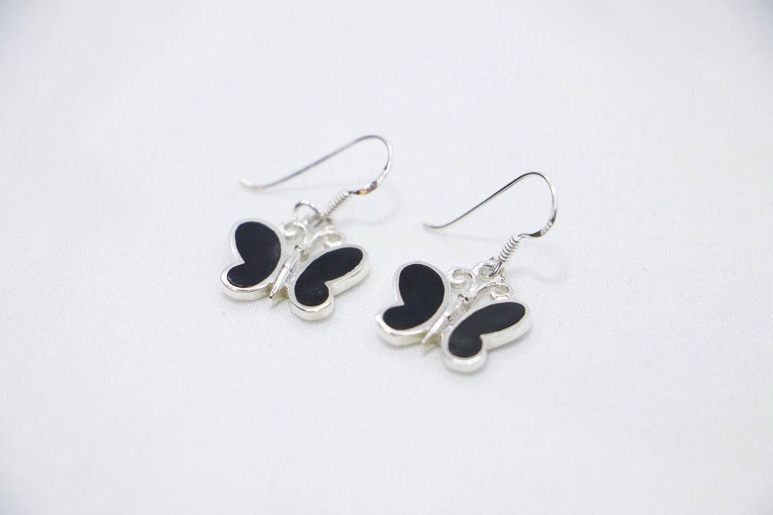Black Butterfly Dangle Earrings in Sterling Silver for Women, Gift for Her top front view. 