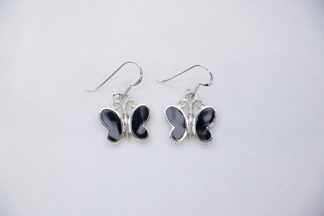 Black Butterfly Dangle Earrings in Sterling Silver for Women, Gift for Her front view. 