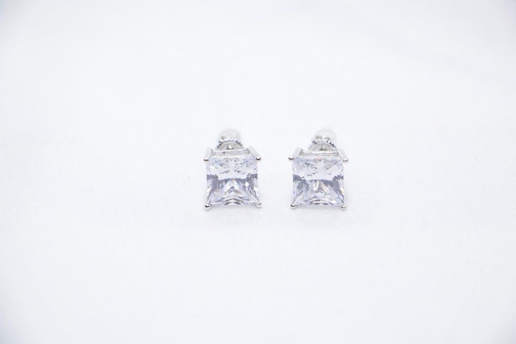 An Eternal Radiance Princess Cut Studs featuring princess-cut cubic zirconia stones set in sterling silver, front view. 
