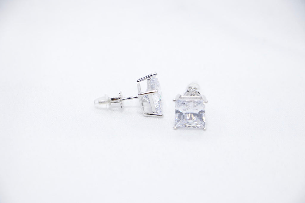 An Eternal Radiance Princess Cut Studs featuring princess-cut cubic zirconia stones set in sterling silver, front side view. 