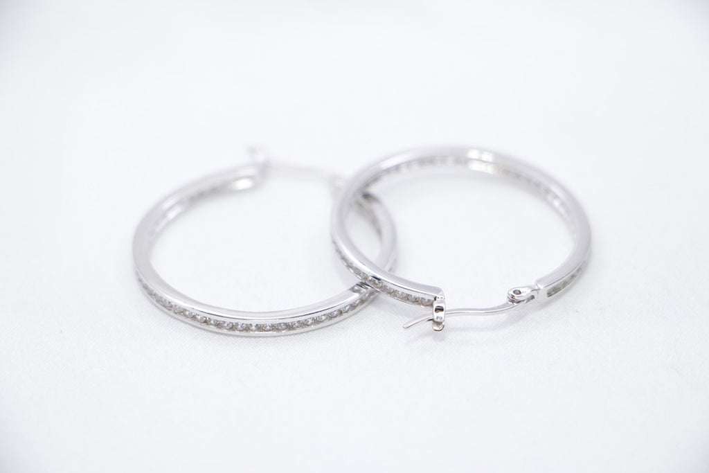 Sterling Silver Hoop Earrings with Cubic Zirconia - Elegant, Hypoallergenic Jewelry for Women back view.