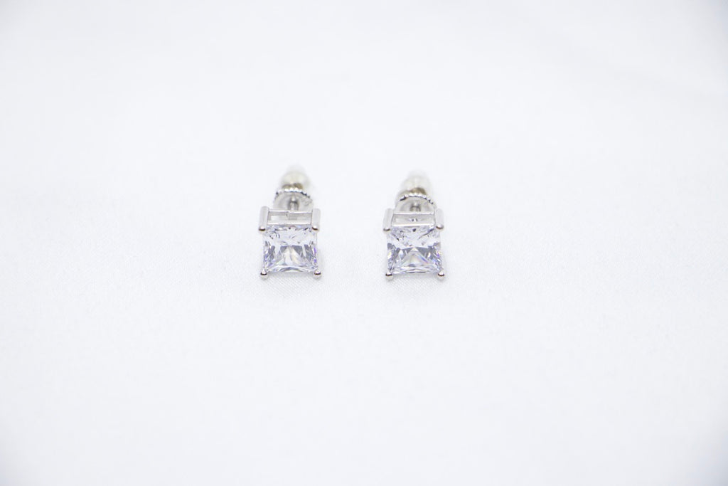 Glamour Square Stud Earrings featuring square-cut cubic zirconia stones set in sterling silver with front view.