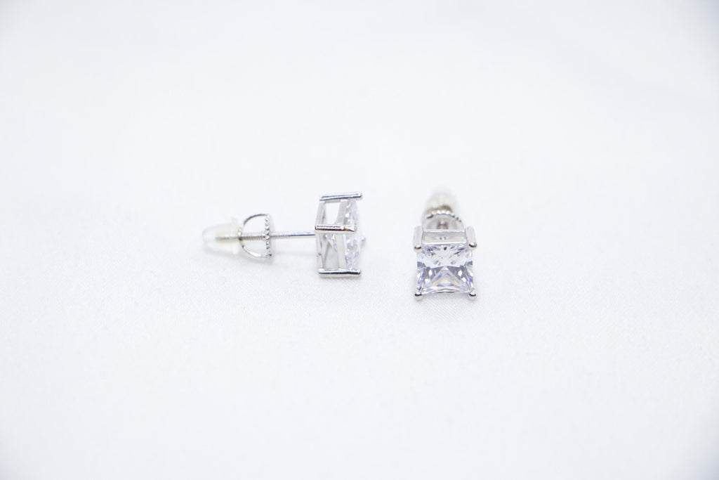 Glamour Square Stud Earrings featuring square-cut cubic zirconia stones set in sterling silver with side view.