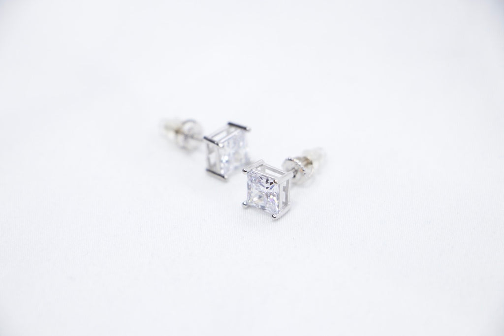 Glamour Square Stud Earrings featuring square-cut cubic zirconia stones set in sterling silver with sided view.