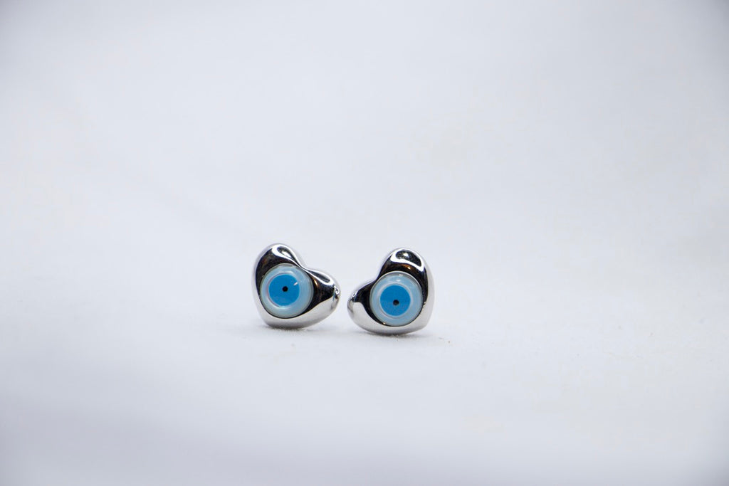 Evil Eye Heart Stud Earrings - Good Luck Protection Jewelry for Women, Gift for Her front view.