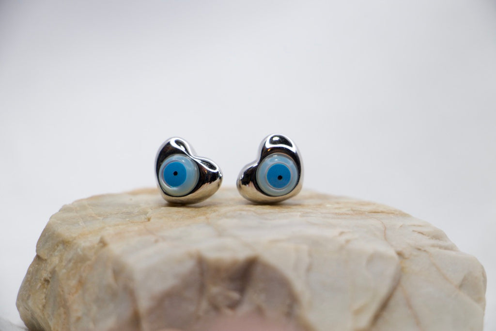 Evil Eye Heart Stud Earrings and Good Luck Protection Jewelry for Women, Gift for Her front rock view.