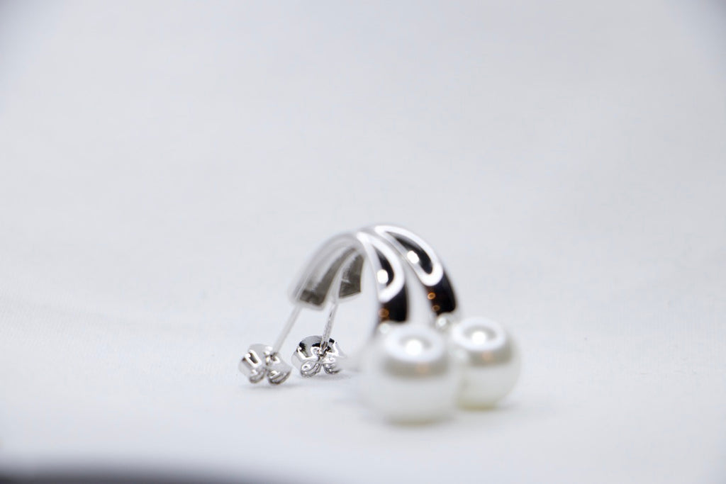 Sterling Silver Pearl Hoop Earrings Elegant but Minimalist Jewelry with Lightweight Hoops front backside view. 