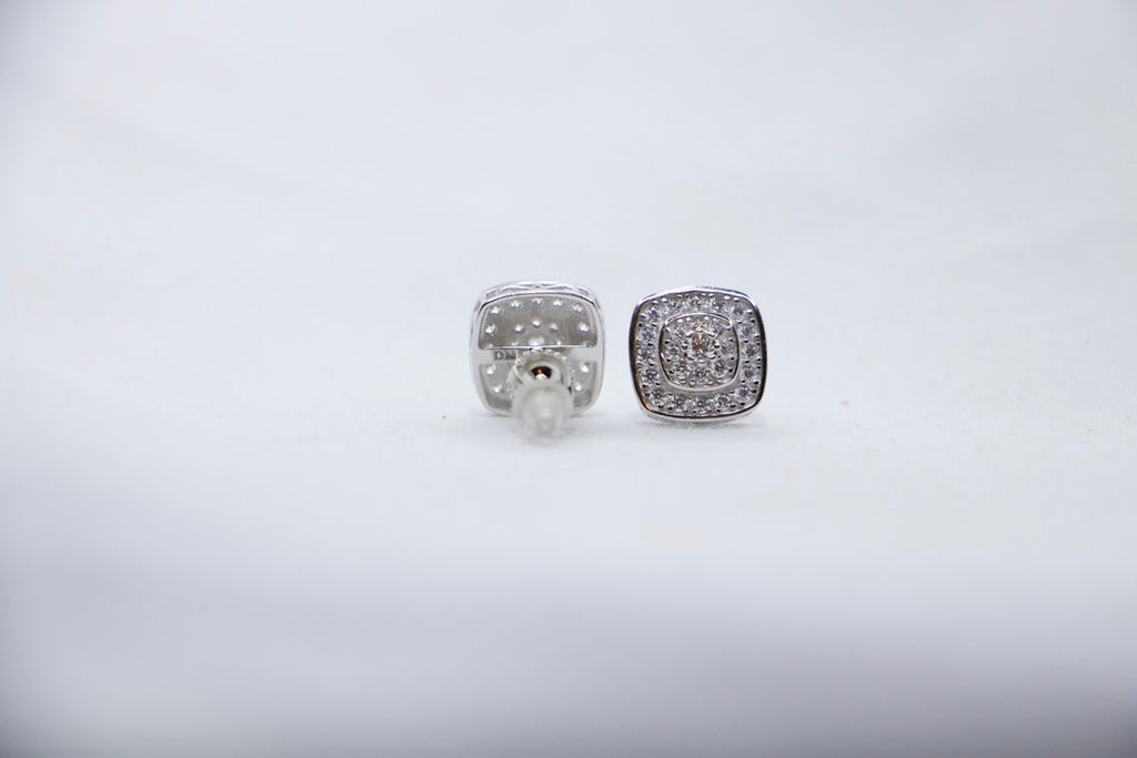 Sterling Silver Stud Earrings with Cubic Zirconia Halo - Bridal Jewelry for Women back screw view.