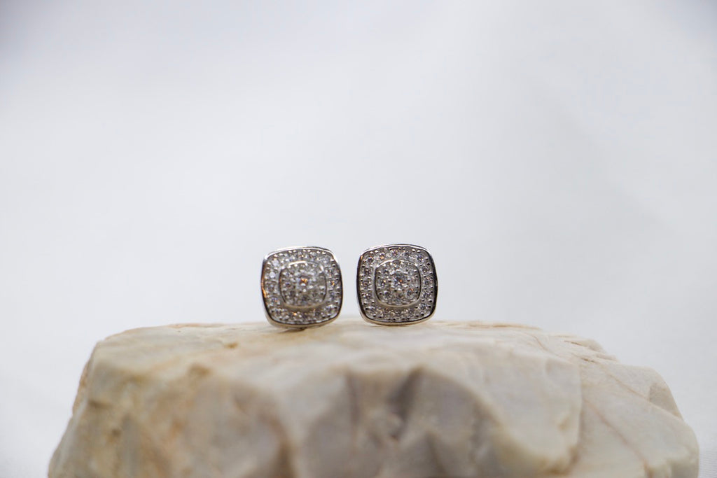 Sterling Silver Stud Earrings with Cubic Zirconia Halo - Bridal Jewelry for Women front rock view.
