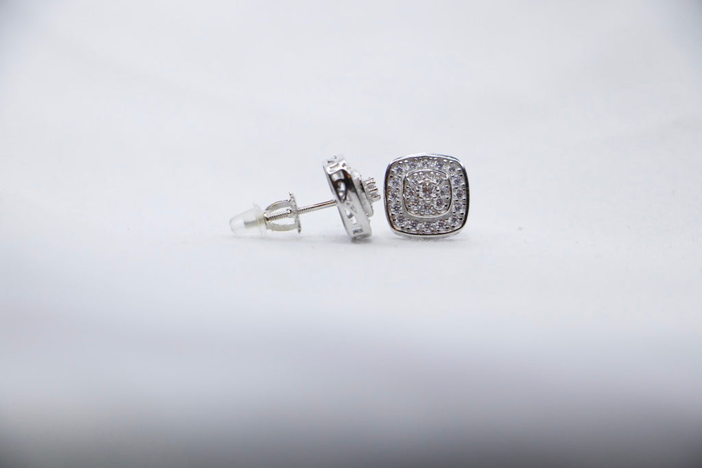 Sterling Silver Stud Earrings with Cubic Zirconia Halo - Bridal Jewelry for Women side view.