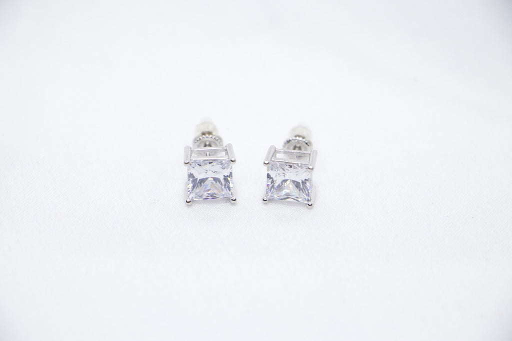 A Modern Sparkle Square Studs featuring square-cut cubic zirconia stones set in sterling silver, front view.