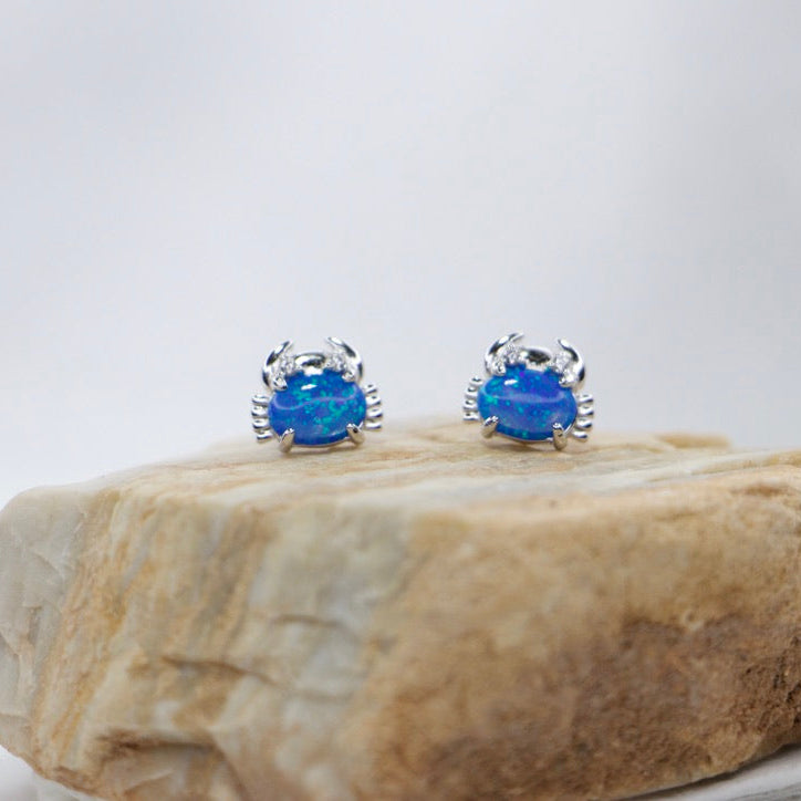 Whimsical crab opal gemstone earrings on rock, playful and unique, perfect gift for her birthday.