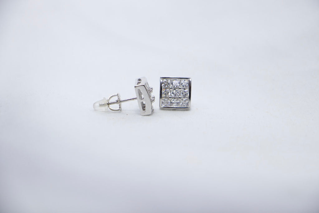 Princess Cut Diamond Stud Earrings in Sterling Silver, Classic Square Halo Earrings side view.