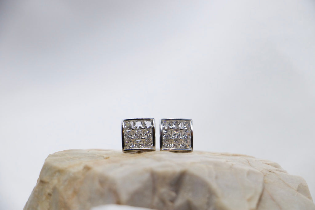 Princess Cut Diamond Stud Earrings in Sterling Silver, Classic Square Halo Earrings front rock view.