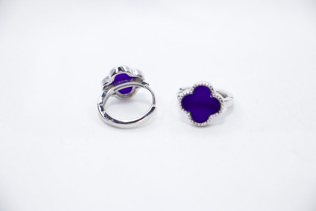 Purple Elegance sterling silver earrings featuring a round purple gemstone surrounded by delicate beaded silver accents back view.