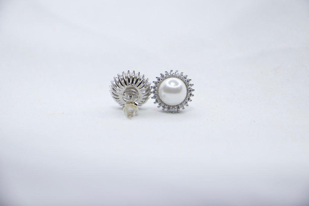 Pearl Stud Earrings with Cubic Zirconia, Enchanted Jewelry for Women, back view.