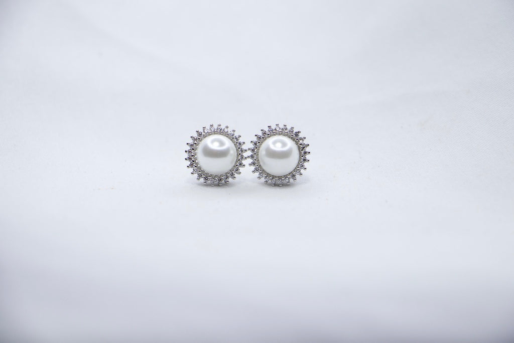 Pearl Stud Earrings with Cubic Zirconia, Enchanted Jewelry for Women, front view.