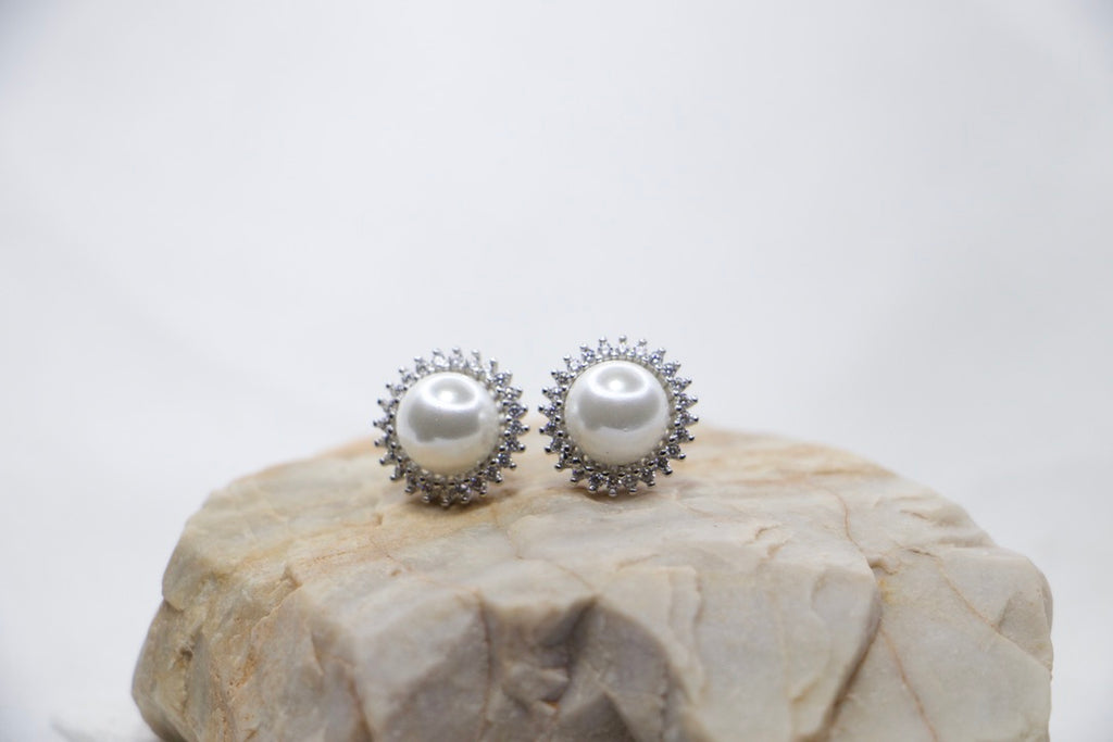 Pearl Stud Earrings with Cubic Zirconia, Enchanted Jewelry for Women, rock view.