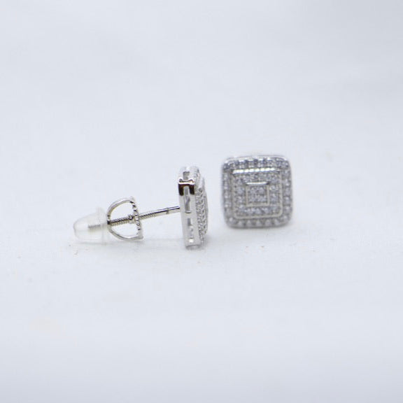 Radiant Square Sterling Silver Stud Earrings with Sparkling Gemstones side view.