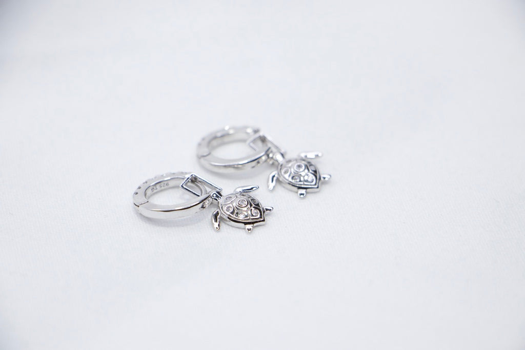 Sea Turtle Hoop Earrings with Cubic Zirconia and Sterling Silver Charm Jewelry for Women top side view.