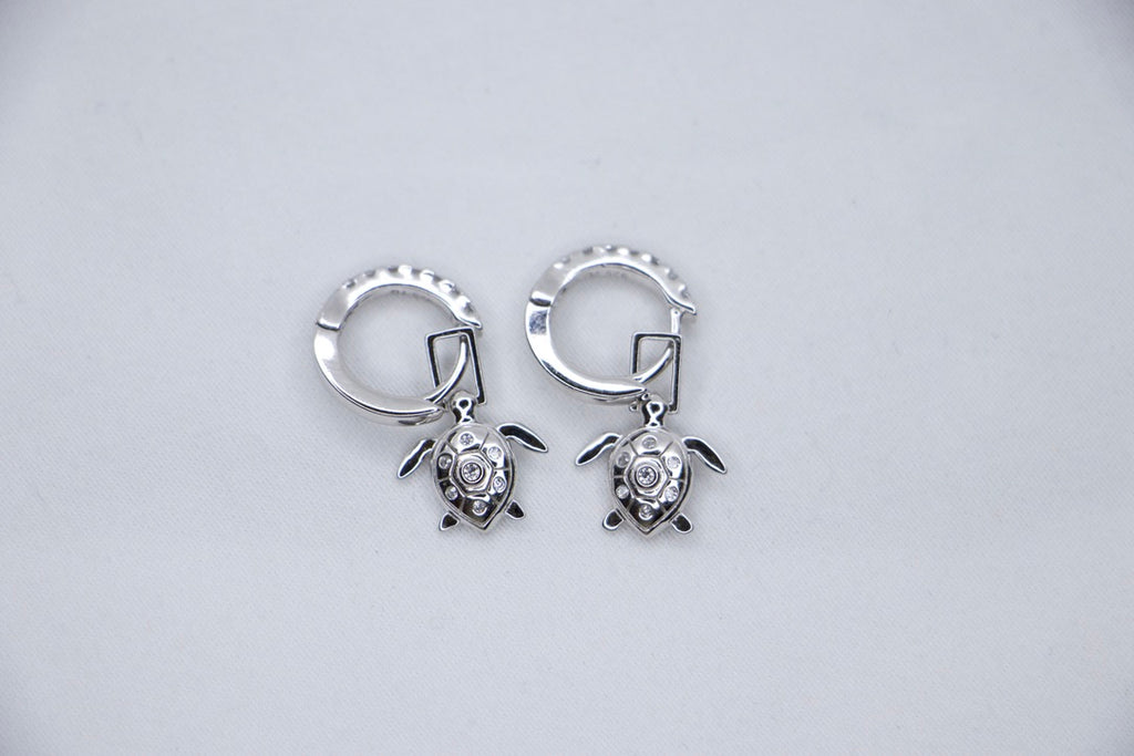 Sea Turtle Hoop Earrings with Cubic Zirconia and Sterling Silver Charm Jewelry for Women top view.