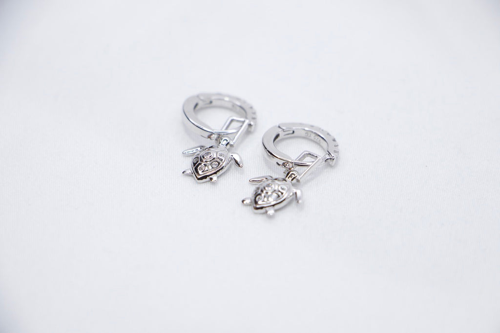 Sea Turtle Hoop Earrings with Cubic Zirconia and Sterling Silver Charm Jewelry for Women top view.